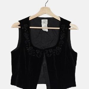 Vintage Laura Ashley Black Velvet Embroidered Scoop-Neck Vest